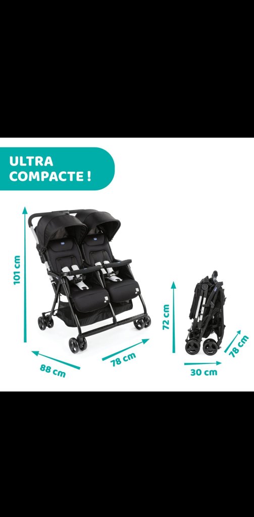 Chicco Black Double Pushchair Twin Stroller, Compact Fold, Canopy, Basket
