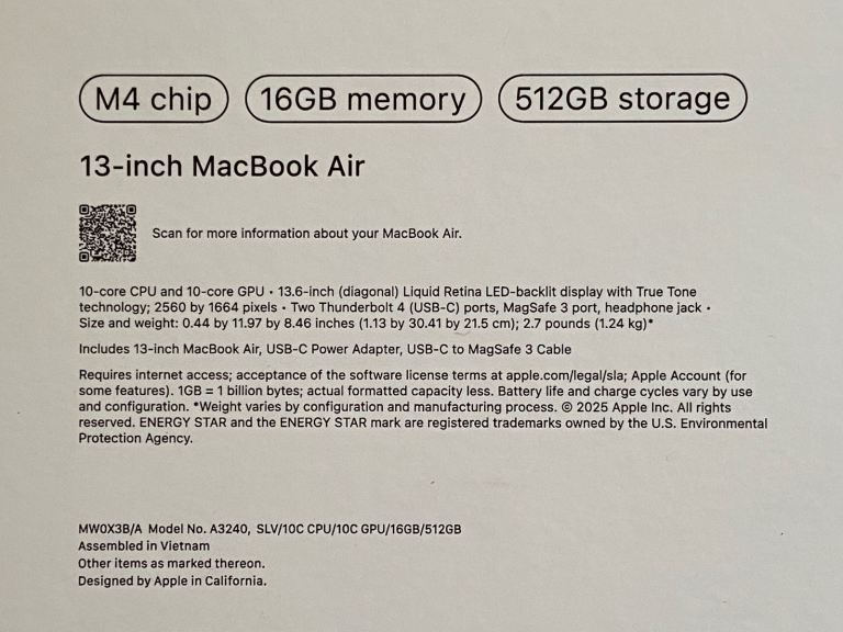 Apple MacBook Air 13-inch M4 16GB 512GB SSD Silver Laptop Computer RRP £1200