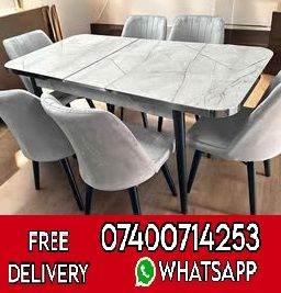 Luxury Extendable Marble Effect Dining Table Set – 6 Velvet Chairs