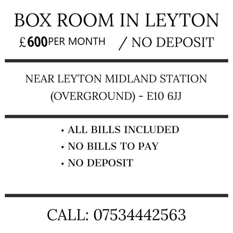 Single room in Leyton £600 per month. No deposit to pay. Leyton Midland Station