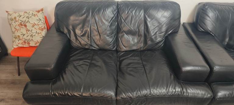 Real Leather Corner Sofa, 2 Seater + 1 Seater Black Leather Sofa