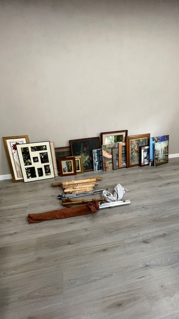 Job lot of vintage and modern picture frames, stretchers, easels, folding artist chair