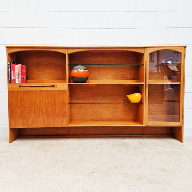 Vintage Mid Century Teak & Glazed Glass Slim Double Length Bookcase Drinks Cabinet Sideboard PG359A