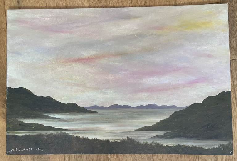 Acrylic painting evening scene looking west from Ullapool