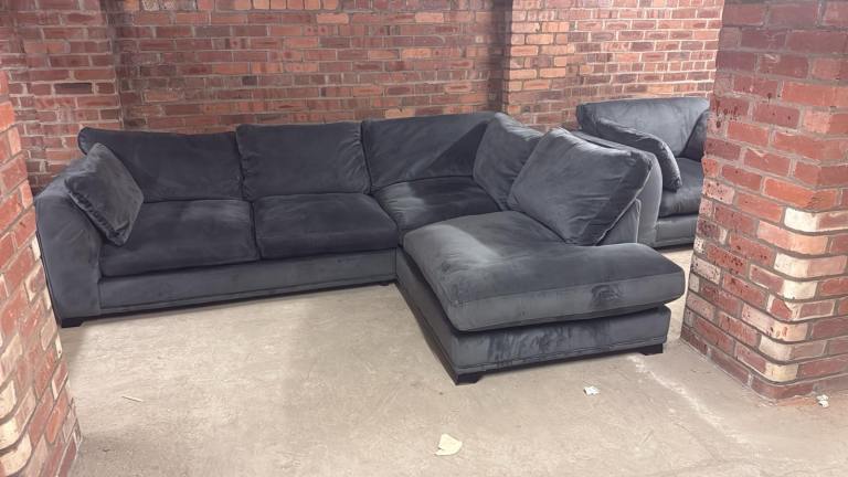 DFS Emilia Grey Velvet Corner Sofa with Matching Large Arm chair 