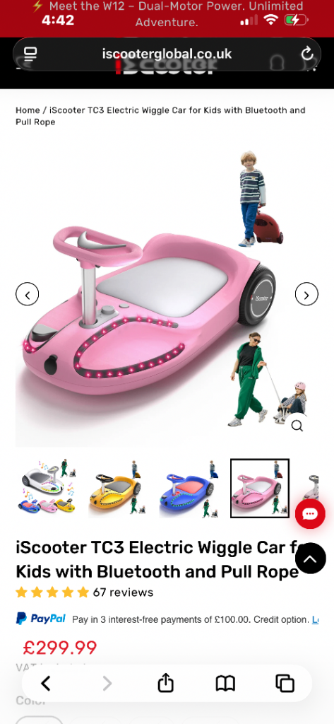 iScooter TC3 Electric Wiggle Car for Kids with Bluetooth and Pull Rope - Pink