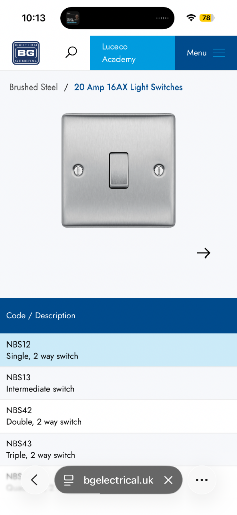 BG Electrical Single Intermediate Wall Light Switch, Raised and Slim Profile
