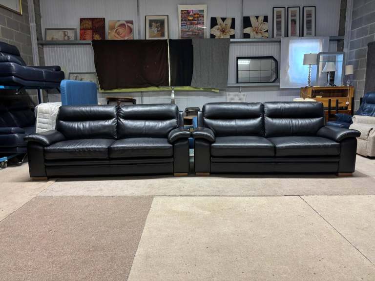 Modern Style Black Leather 3 and 3 Seater Sofas 