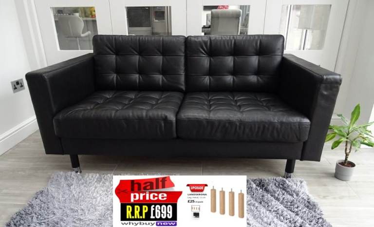 RRP:£699 IKEA LANDSKRONA BLACK TWO SEATER LEATHER SOFA LONDON DELIVERY (OFFICE DFS CHESTERFIELD)