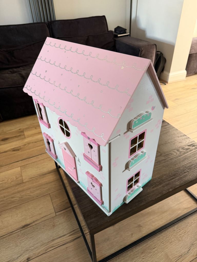 Pink and White Wooden Dolls House – Good Condition