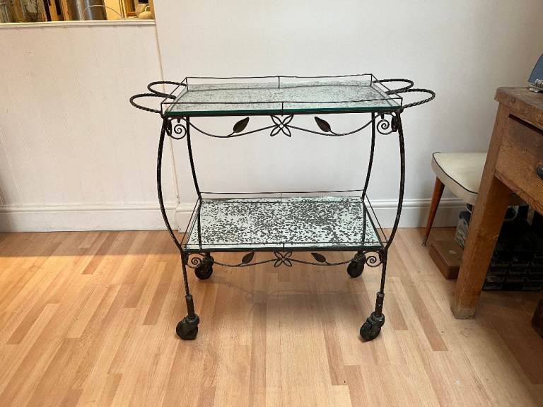 Vintage French Drinks or Cake Trolley - Mirrored Glass and Wrought Iron