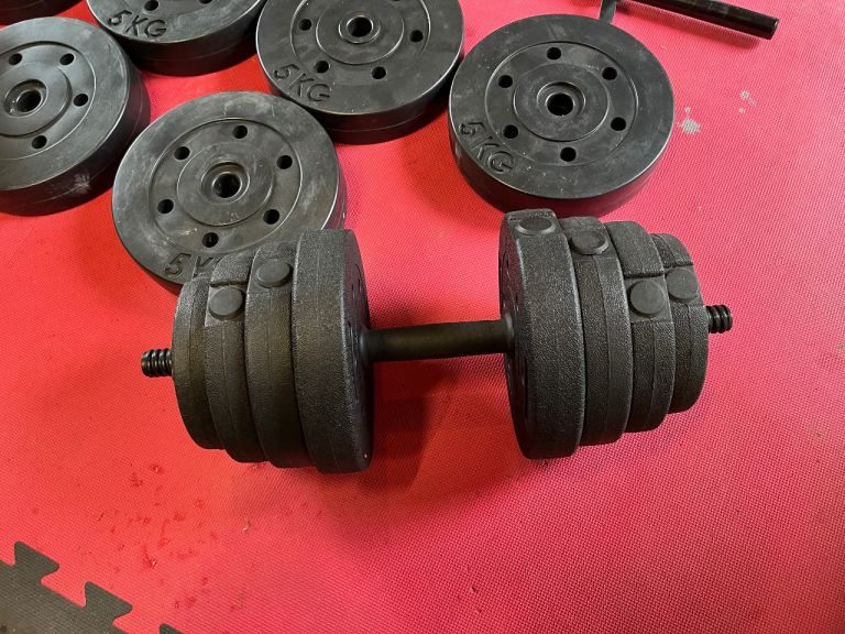 65kg vinyl weights set - barbell and pair of dumbbells. Home gym weight set