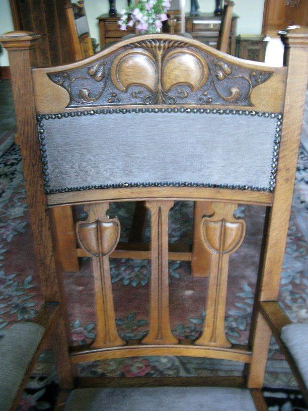 10 Shapland & Petter Oak Dining Chairs – Wood, Carved Back