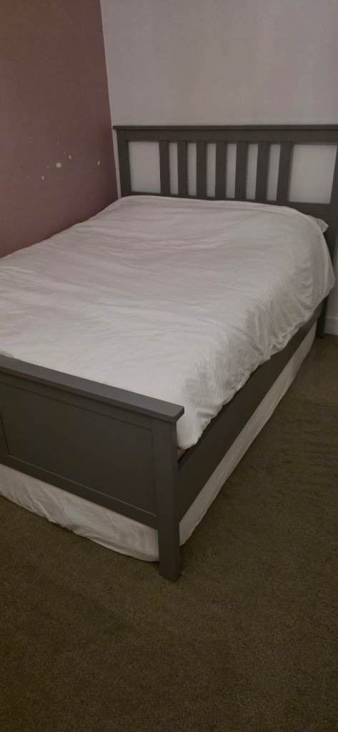 Ikea Malm Double Bed Frame with Headboard and mattress  – Grey, Good Condition