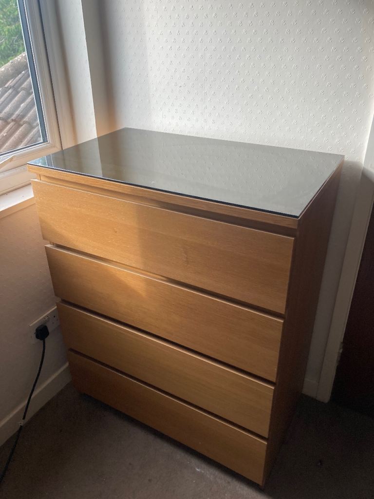IKEA MALM Chest of 4 Drawers, Oak Veneer with Glass Top