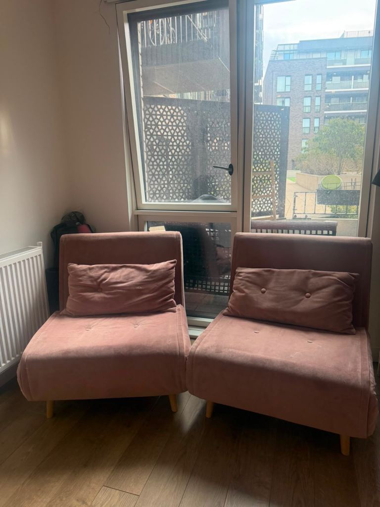 Pair of Pink Fabric Chairs with Cushions covert into beds – Good Condition