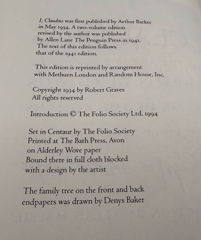  I, Claudius - Robert Graves - Folio Society - History - 1994 1st edition VGC!