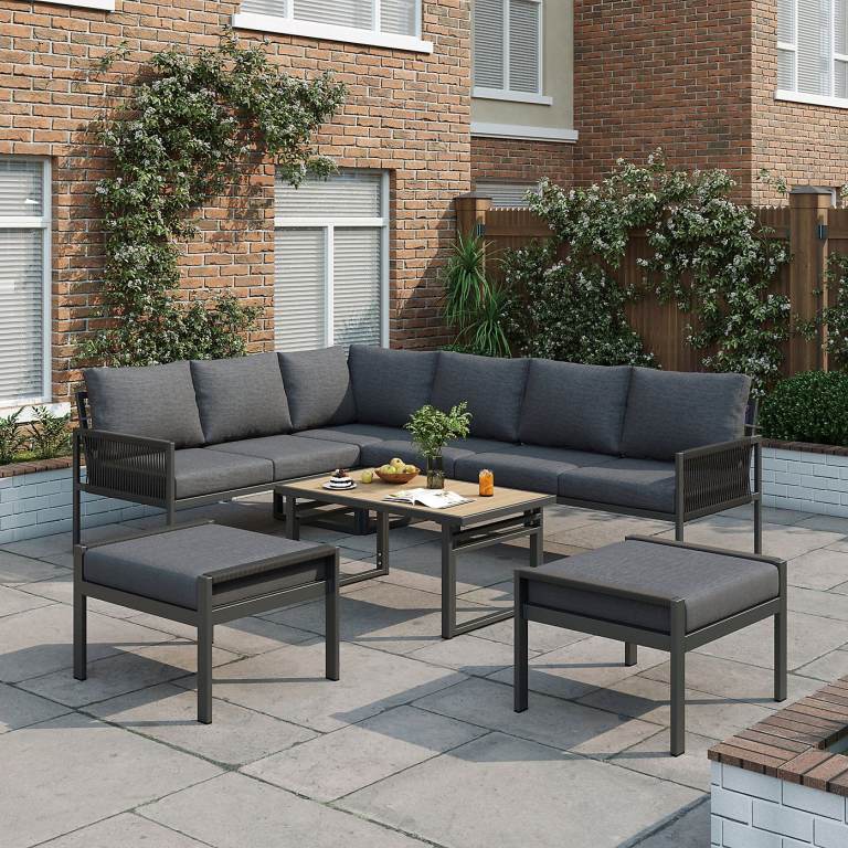 New Grey 7-8 Seater Modular Outdoor Garden Sofa Set Adjustable Coffee Table & Stools Weatherproof