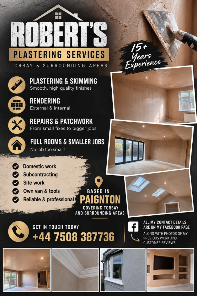 Experienced Plasterer | 15+ Years | Paignton, Torquay & Torbay