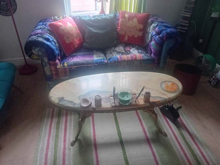 Oval marble Coffee Table with Ornate Metal Legs  and side table – Good Condition