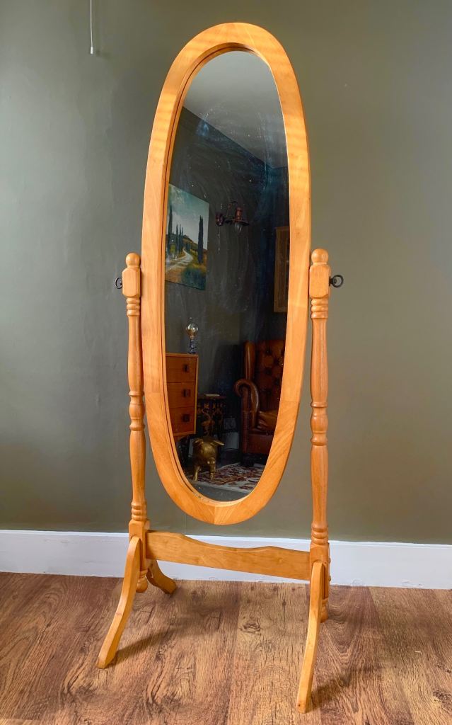 image for Vintage Large Full Length Oval Beech Wood Tilt Dressing Room Mirror