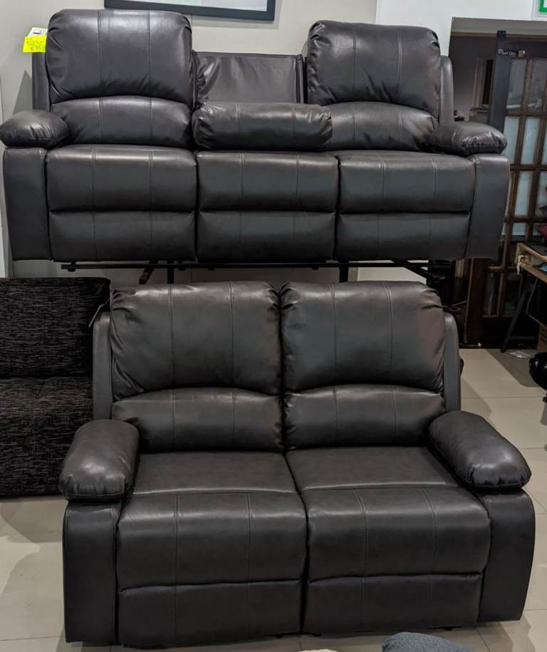 Dark Grey Leather Manual Recliner 3+2 Seater sofa Set 