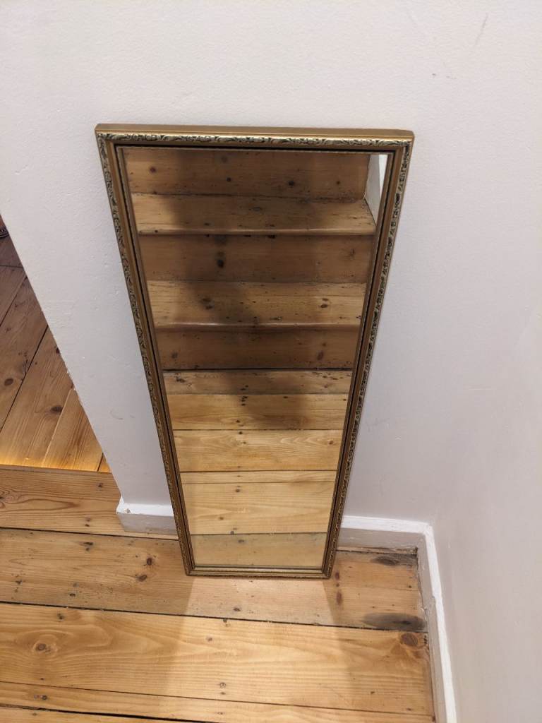 Tall, narrow gold-framed mirror 