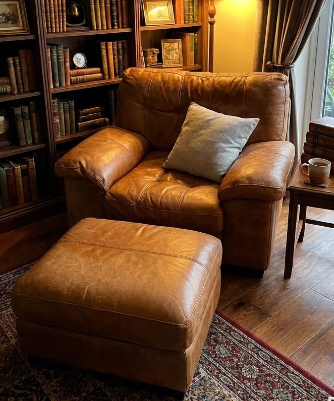 Aniline Leather DFS large chair with footstool