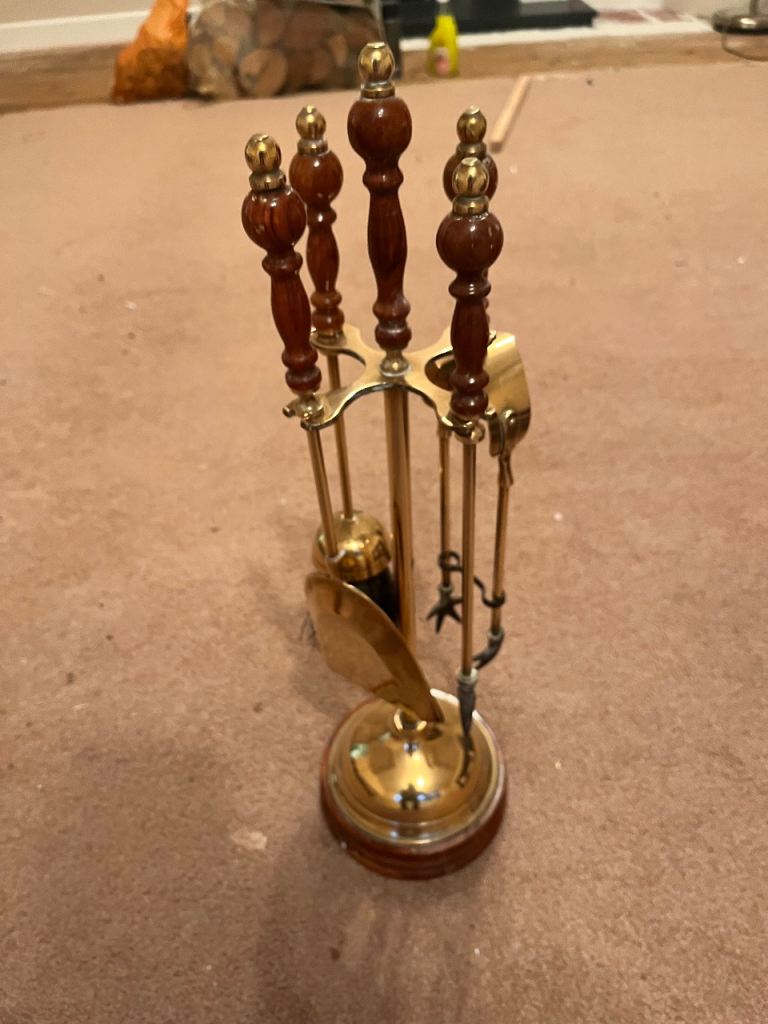 Fireside Companion Set in Brass & Polished Wood