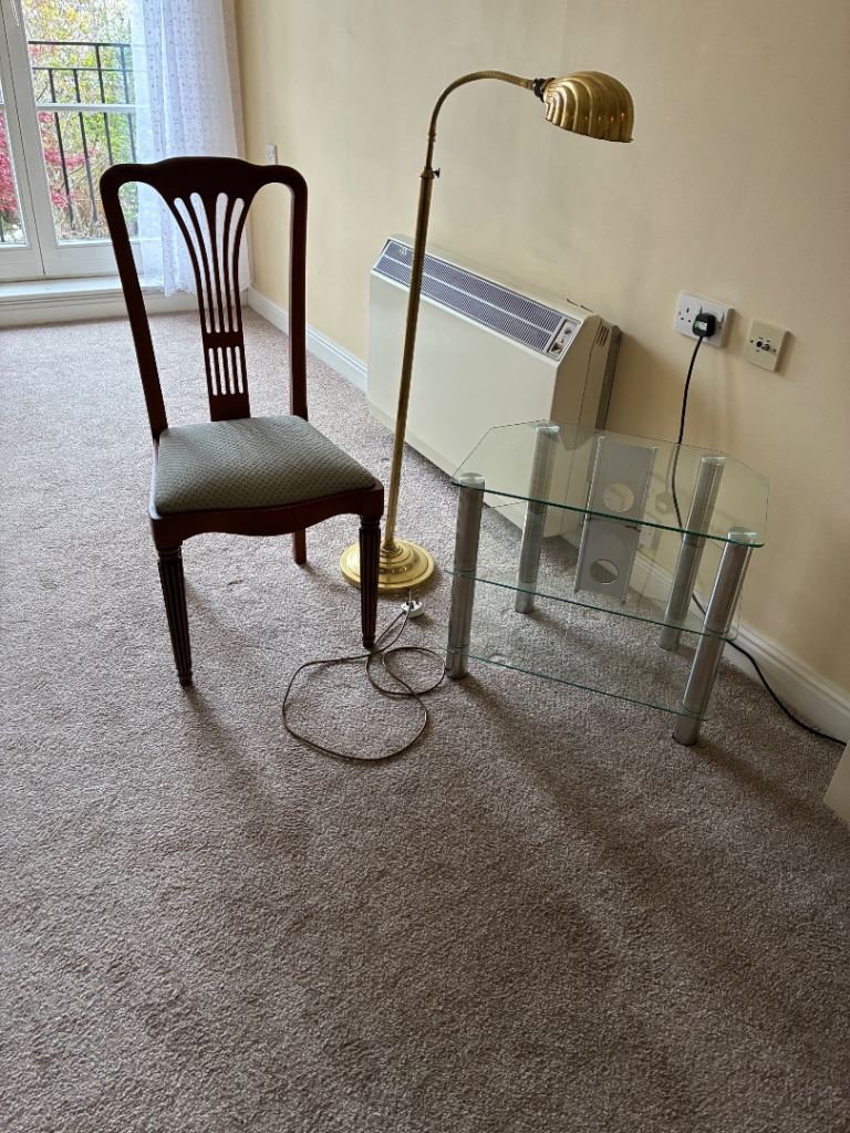 Free Chair, Glass Stand, and Brass Floor Lamp – Good Condition