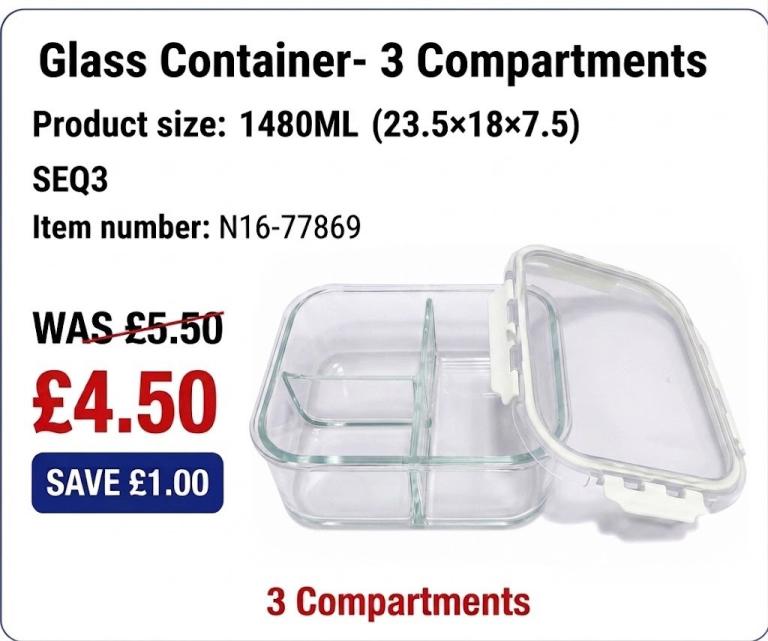 New Glass Food Container – 3 Compartments, 1480ML