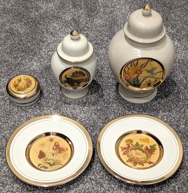 VINTAGE CLOISONNÉ JAPANESE PLATES URNS TRINKET BOX 24ct GOLD PLATED ENAMEL 1988