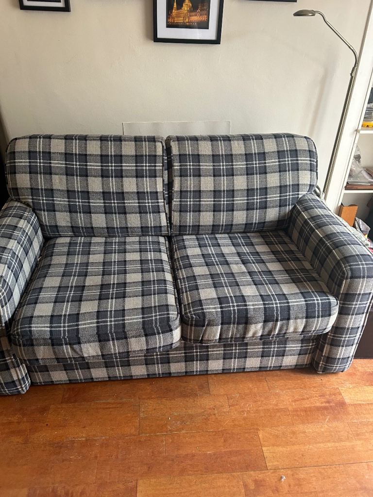 Two-Seater Plaid Fabric Sofa – Good Condition
