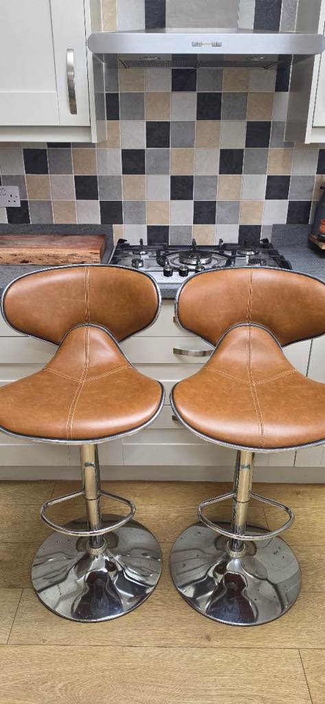 Pair of Brown Faux Leather Bar Stools – Swivel, Good Condition