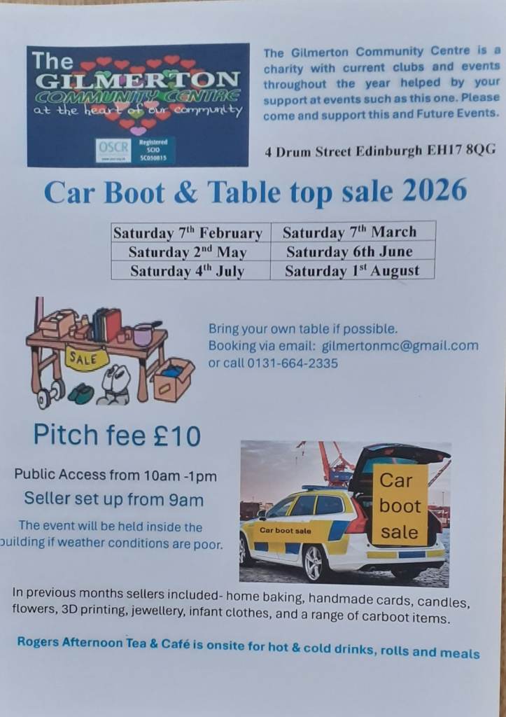 Gilmerton Community Centre Car Boot sale - Saturday 7th  Feb 2026 10am-1pm