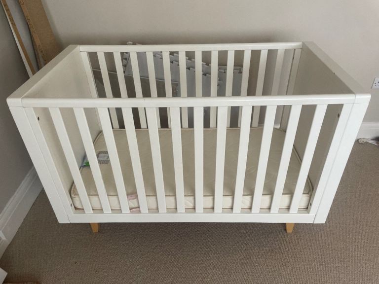 White Wooden Baby Cot Bed with Mattress