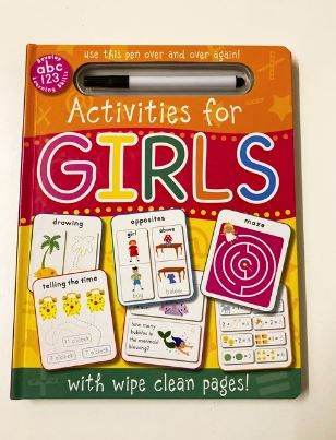 NEW Activities for Girls wipe clean book with pen. Age 3-7yrs
