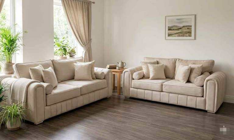 Cream Velvet Sofas - Pair of 3-Seater and 2-Seater, 'New' 