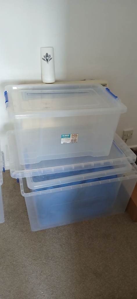 Clear Plastic Storage Boxes with Blue Lids – Good Condition