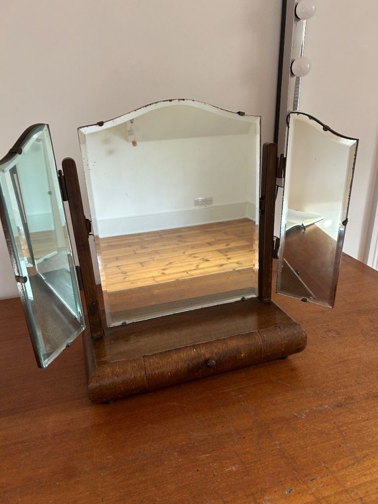 Antique Walnut & Beech Triptych Dressing Table Mirror with Drawer