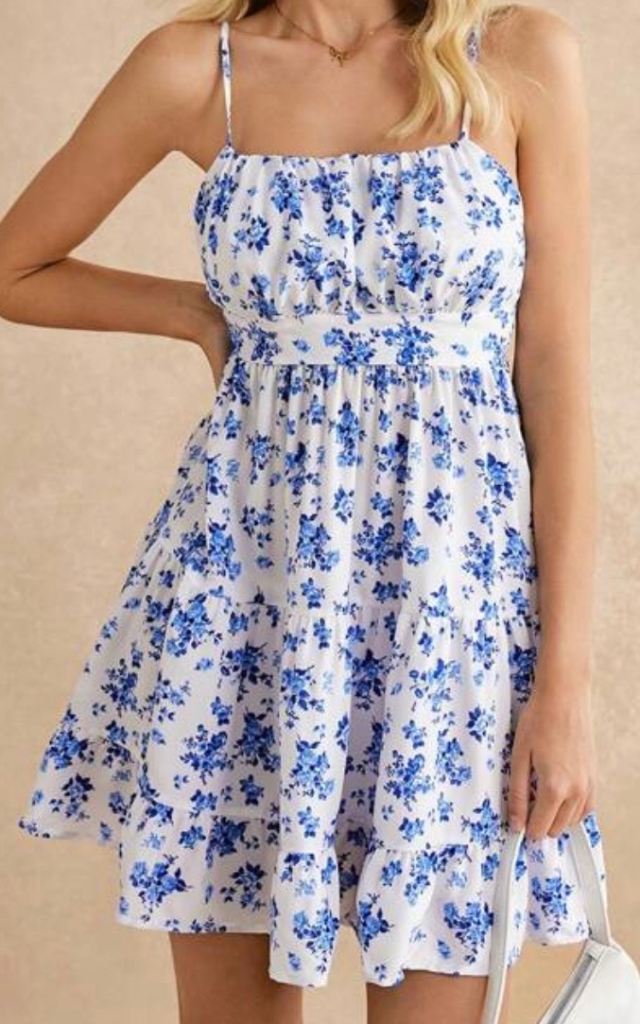 New Size Medium Will Fit Size 12 & 14 White & Blue Floral Dress, Stretchy