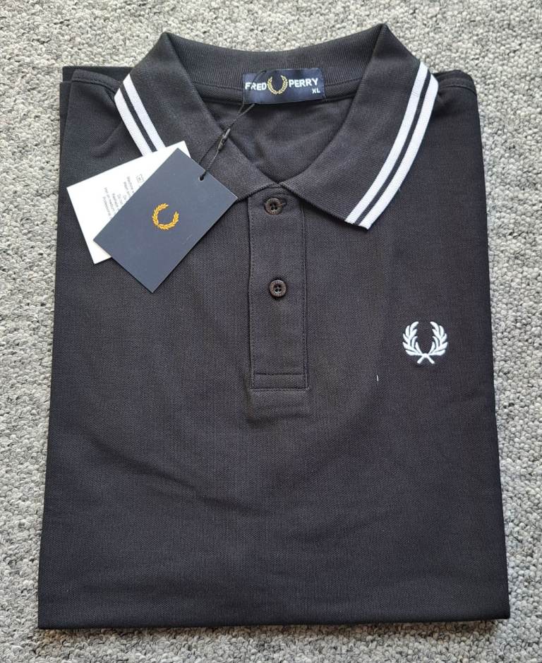 New Fred Perry Polo Shirt XL – Black with White Trim