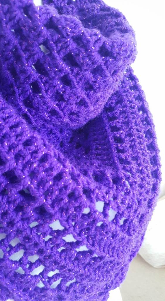 Granny Square Purple Shawl. Handmade Crochet Shoulder Wrap. Oversized Knitted Chunky Scarf