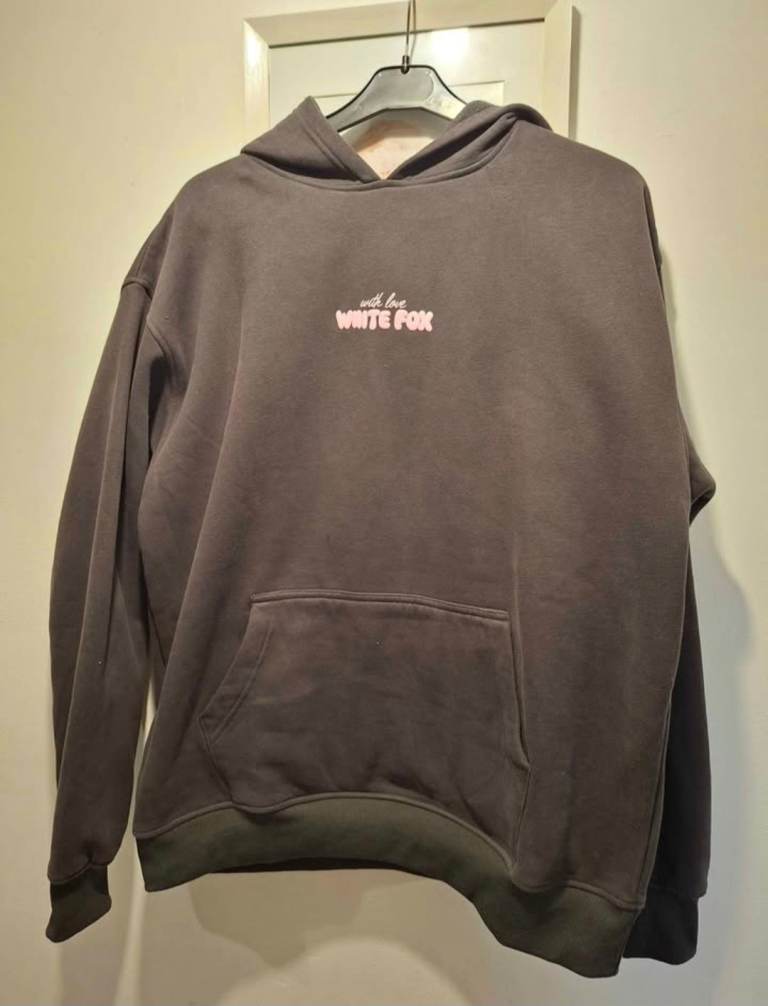 White Fox Hoodie – Black with Pink Print, As Good As New