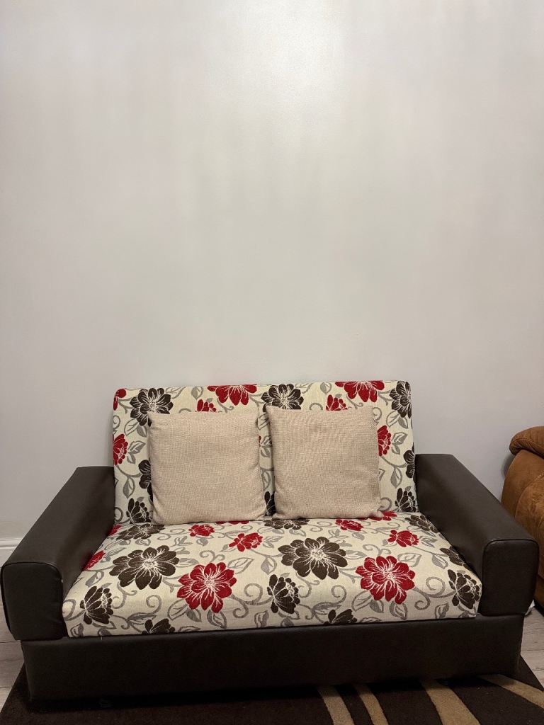 2-Seater Floral Storage Sofa Bed with Leather Arms – Includes 2 Cushions