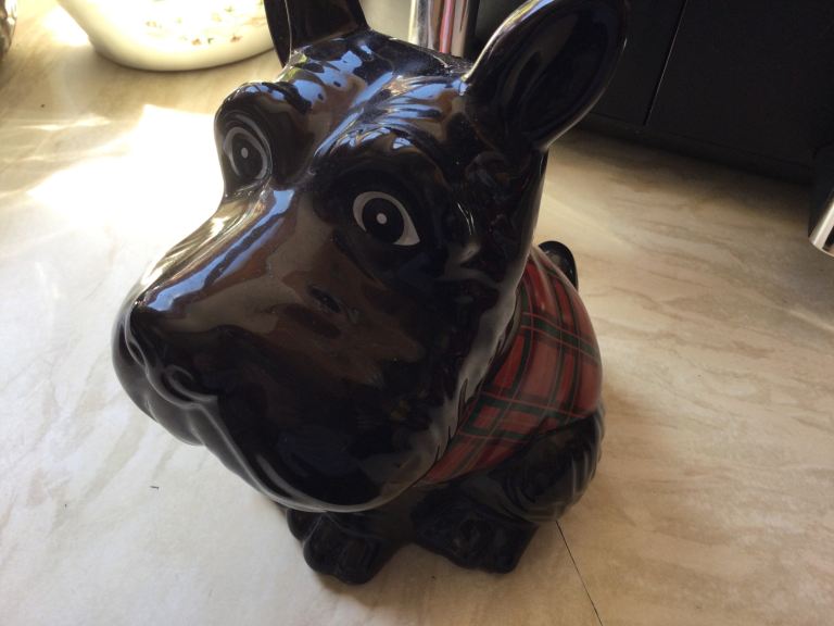Stunning large Black Wes tie dog, with tartan coat , ceramic + seal Biscuit/ storage container