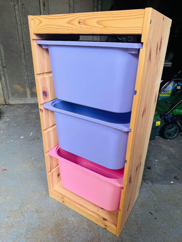 Wooden Storage Unit with 3 Colourful Plastic Bins
