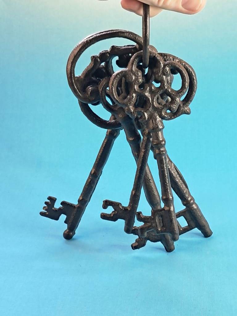 These are decorative cast iron skeleton keys on a rustic ring.