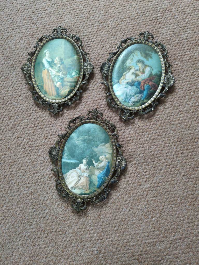 Stunning Trio of Italian Baroque/Rococco Satin Pictures – Ornate Gold Oval Frames