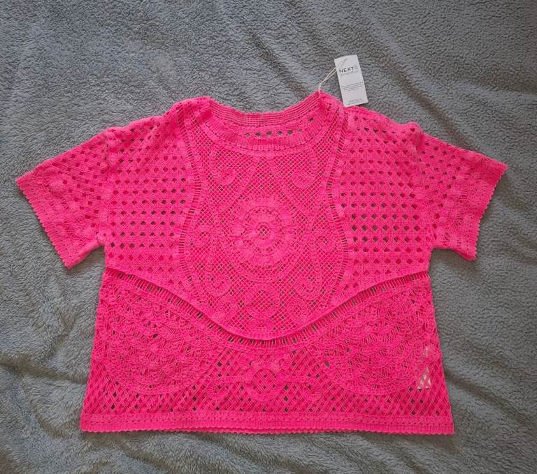 NEXT Ladies L Pink Cropped Knit Top, Size Large – Brand New with Tags